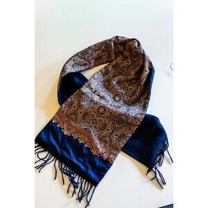 Geoffrey Beene Silk Wool neck scarf paisley blue 11X60"